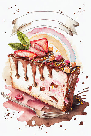 Piece of sponge cake with strawberry and chocolate on white background, copy space. Watercolor AI generative illustration.の素材
