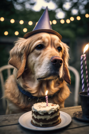 Golden retriever dog celebrating birthday. Pet birthday party. AI generative illustration.の素材
