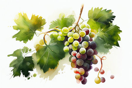 Grape vines on white paper background. Watercolor botanical AI generative illustration.の素材