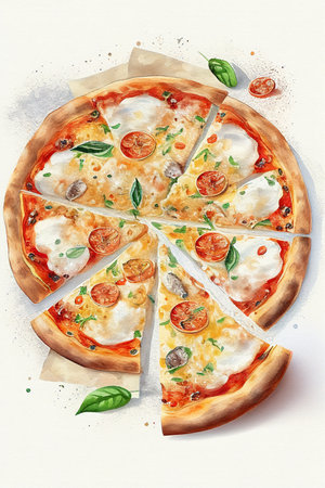 Italian food, Margherita pizza on white background. Ai generative watercolor illustration.の素材