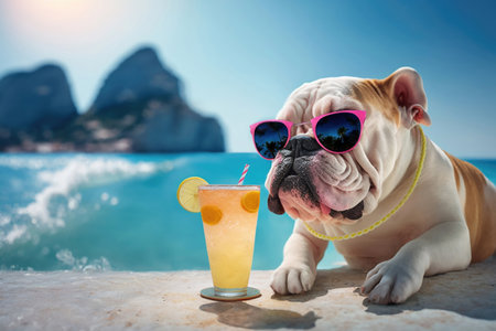 Summer resort concept. Photorealistic bulldog dog with cocktail at beach bar. AI generative illustration.の素材