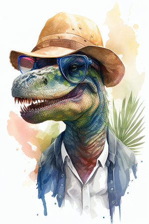 Dinosaur T-Rex in hat and sunglasses. watercolor AI generative illustration.の素材