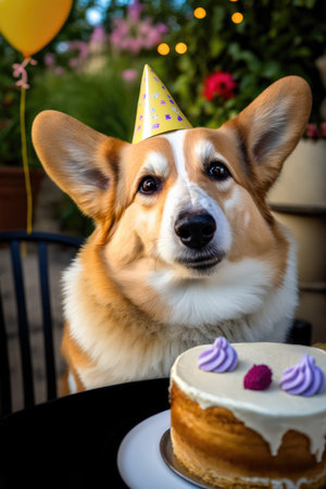 Cute corgi dog with sits at table with birthday cake. AI generative illustration.の素材