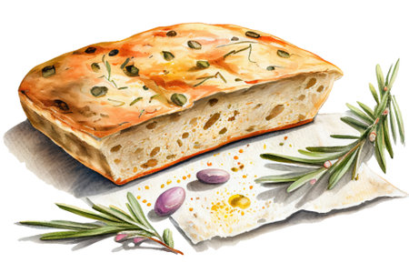 Italian food, focaccia bread isolated on white. Ai generative watercolor illustration.の素材