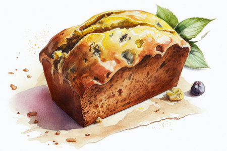 Banana bread on white background. Ai generative watercolor illustration.の素材