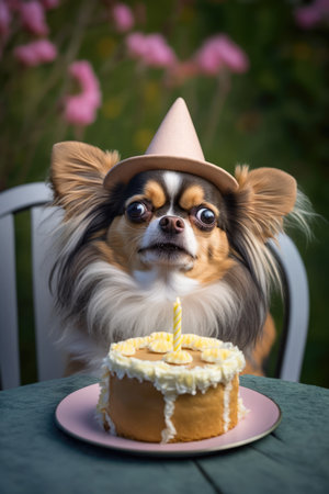 Cute Chihuahua dog with sits at table with birthday cake. AI generative illustration.の素材