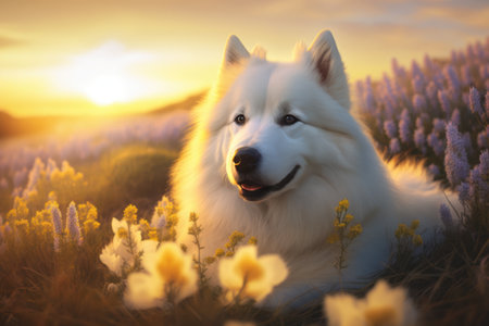 Samoyed dog lying on summer field at sunset. AI generative.の素材