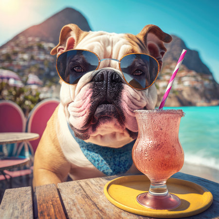 Summer resort concept. Bulldog dog with cocktail at beach bar. AI generative illustration.の素材