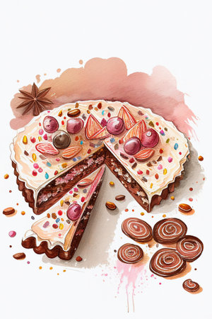 Biscuit chocolate cake. watercolor AI generative illustration.の素材