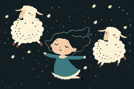 Little girl counts sheep flying in dream across starry sky. Good night concept. AI generative illustration.の素材