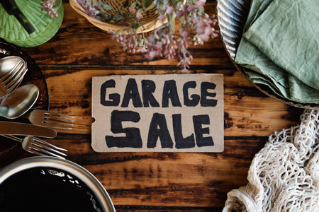 Garage sale sign and used items on wooden table.の写真素材