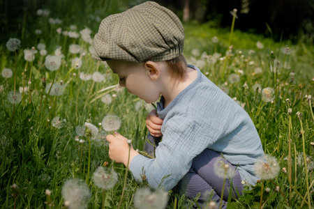 Cute little boy blowing dandelion in summer meadow. Kid enjoying summer.の写真素材