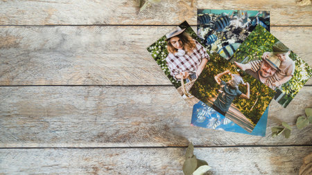 Pictures printed on photo paper on wooden board. Banner for photo printing service.