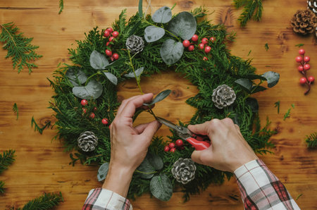 Hands making Christmas wreath. DIY Christmas evergreen flower arrangement.の写真素材