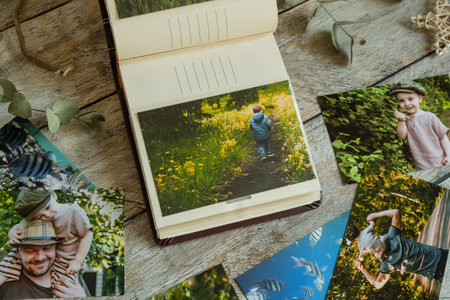 Printed photos. Family photo album with happy summer memories.の写真素材