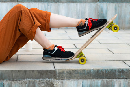 Female skateboarder legs with skateboard.の写真素材