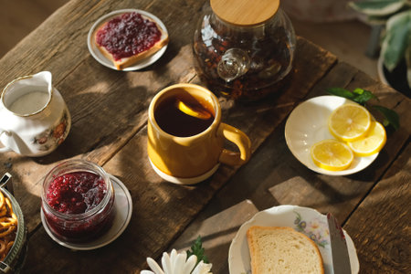 Morning breakfast. Tea cup with lemon slice and sweet food on wooden table.の写真素材