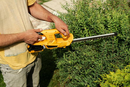 Gardener hands with hedge trimmer. Cutting bushes in backyard.