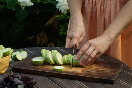 Preparing zucchini for summer cookout. Hands slicing vegetables on cutting boardの写真素材