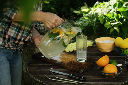 Woman pouring homemade lemonade drink into glass in summer garden.