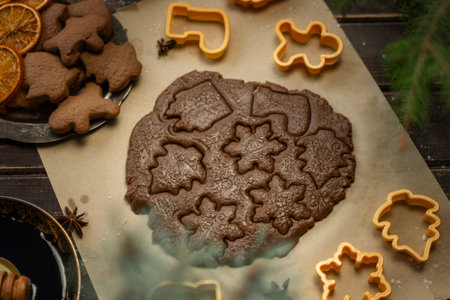 Rolled ginger dough and cookie cutters for making Christmas gingerbreads.の写真素材