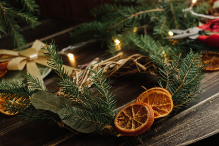 Christmas wreath. DIY home interior decoration in winter.の写真素材