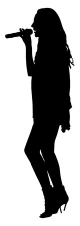 Popular singer super star vector silhouette illustration isolated on white background. Attractive music artist on the stage. Singer woman, girl artist against public on concert.のイラスト素材