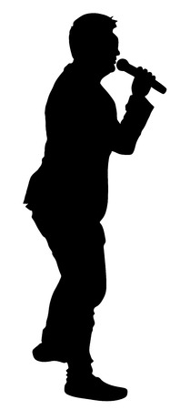 Popular singer super star vector silhouette illustration isolated on white background. Attractive music artist on the stage. Singer woman, girl artist against public on concert.のイラスト素材