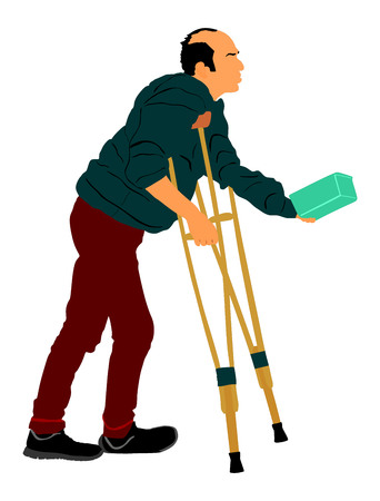 A homeless beggar is begging on a street vector illustration. Senior person begging for food or help. Disabled person on crutches begging for money.のイラスト素材