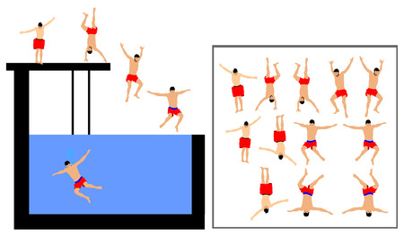 Young boys in many different position jumping into the water from a jetty. Young people having fun at the swimming pool on a summer day. Cliff Jumping vector illustration isolated on white background.のイラスト素材