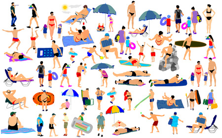 Sunny day on the beach vector illustration over 50 people characters(boy,girl,man,woman,swimmer,parents, tourists, mother,father,) Water sport. Happy seniors active life. Skin care protection concept.のイラスト素材