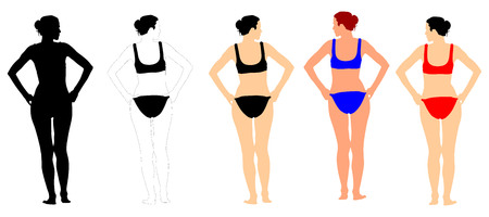 Sexy suntan beach woman sunbathing in fashion bikini. Beautiful fit body relaxing. Weight loss or skin care sun protection concept. Vector illustration isolated on white background. Active beach life.のイラスト素材