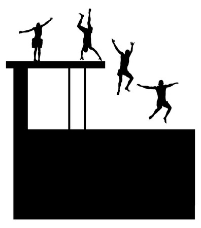 Young boys in many different position jumping into the water from a jetty. Young people having fun at the swimming pool on a summer day. Cliff Jumping vector silhouette illustration isolated on white background.のイラスト素材