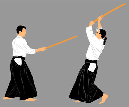 Fight between two aikido fighters vector silhouette symbol illustration.のイラスト素材