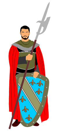 Knight in armor, with spear and shield vector silhouette illustration isolated on white background.のイラスト素材