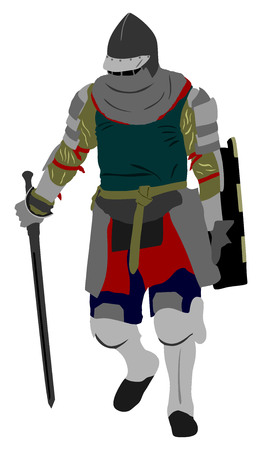 Knight in armor, with sword and shield vector illustration isolated on background.のイラスト素材