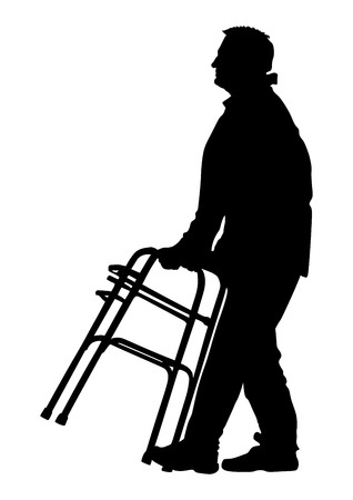 A senior man strolls with his wheeling walker, vector silhouette illustration isolated on white background. Vector silhouettes of disabled man in a wheelchair.のイラスト素材