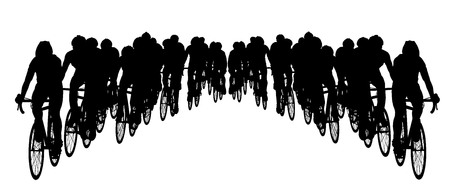 Group of bicyclists in race riding a bicycle isolated against white background silhouette vector illustration. Sport tourist company friends on bicycles . Silhouette people, mountainbike. Friendship.のイラスト素材