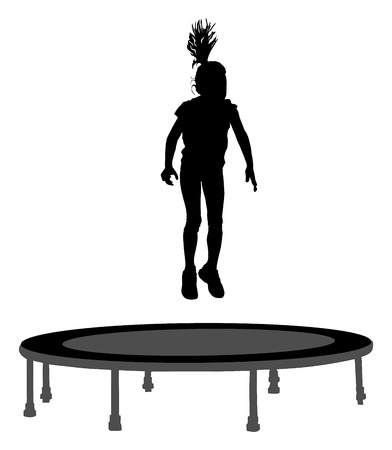 Child silhouette jumping on garden trampoline vector illustration. Happy girl jumping on trampoline.のイラスト素材
