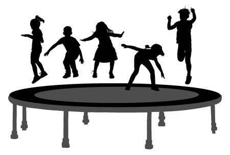 Children silhouettes jumping on garden trampoline vector illustration. Happy girls and boys jumping on trampoline.のイラスト素材