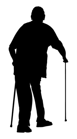 Old man person walking with stick. Vector character isolated on white background. Senior mature, old people active life. Old man person walking with stick. Grandpa vector silhouette. injured, disabledのイラスト素材