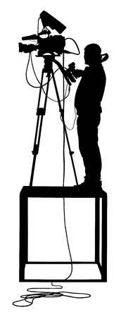 Cameraman silhouette with video camera on event, concert, sport event, isolated on background. Vector illustration. Breaking news in studio. Broadcast il live.のイラスト素材
