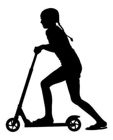 Little girl riding scooter, vector silhouette illustration isolated on white background, children scooting silhouettes.のイラスト素材