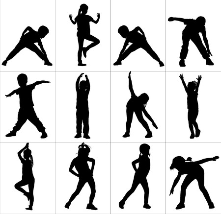 Happy joyful kids, little boys and girls doing exercises, vector silhouette illustration isolated on white background. Active life. Strain, racking, warming up.のイラスト素材