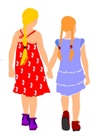 Two sisters girls hand to hand vector illustration isolated on white background. Lovely lesbian couple walking the street. Closeness in public hand holdsのイラスト素材