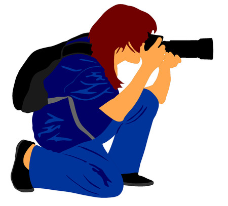 Young photographer girl shooting vector silhouette, isolated on white background.Young photographer girl shooting vector, isolated on white background.のイラスト素材