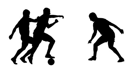 Isolated poses of soccer players in duel vector silhouettes on white background. Very high quality detailed soccer football player silhouette cutout outlines.のイラスト素材