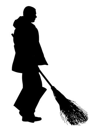 Worker sweeping with besom vector silhouette, man with brush and rake collects leaves vector illustration isolated on white background. Cleaning the street, cleaner man.のイラスト素材