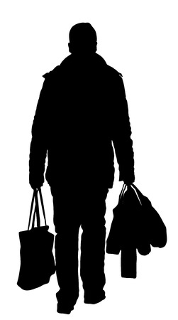 lonely man with shopping bags walk after work, vector silhouette illustration isolated on white background.のイラスト素材