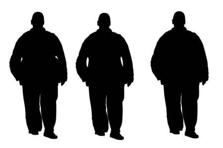 Fat man is worry about health,  vector silhouette isolated on white background. Overweight person trouble with walking. Big boy think about food calorie.のイラスト素材